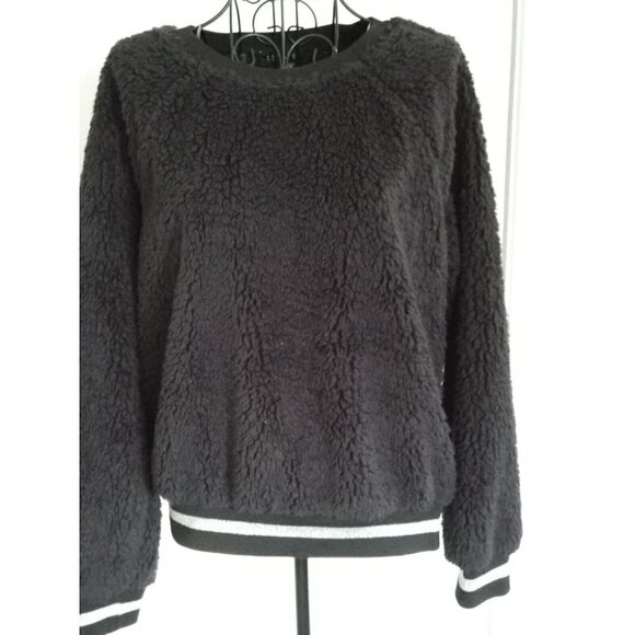 1.State Rich Black Teddy Bear Soft Long Sleeve Sparkly Trim Sweatshirt Womens M - Picture 1 of 8